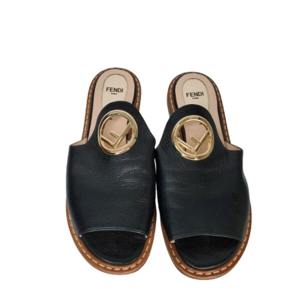 Fendi F Logo Leather Flat Slide Sandals - Picture 2 of 9